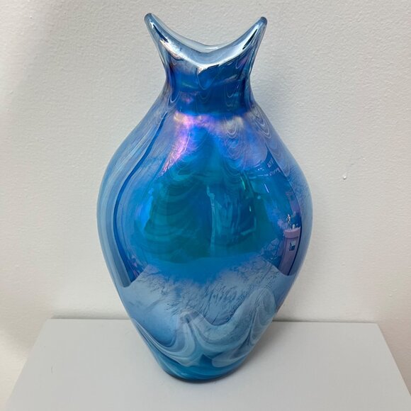 Handcrafted‎ Iridescent Blue Swirl Ocean Glass Vase With Unique Sculpted Lip - Picture 1 of 7